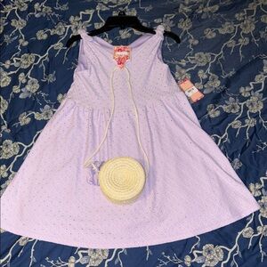 NWT btween Lilac Eyelet Dress with Round Straw Bag